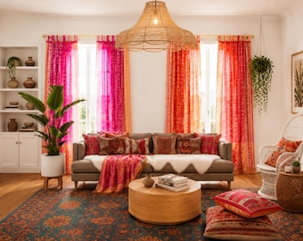 Favorite combination Fuchsia and Rust Boho Curtains Light-Filtering Sari Curtains 84"L, Bed Canopy, Backdrop Window Treatment Living/Bedroom