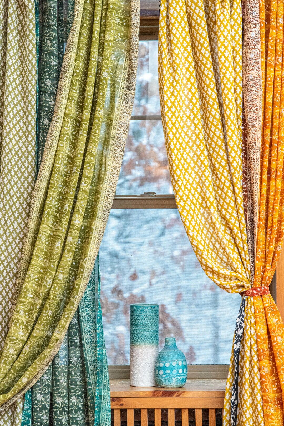 Boho Sari Block Print Curtains | Asymmetric Mixed Textile Window ...