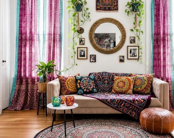 Boho Sari Curtains - Magenta Aqua Window Panels - Light Filtering Sheer Drapes - Colorful Bohemian Living Room Decor
