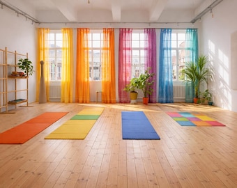 Colorful yoga studio with vibrant curtains, Light Filtering Panels, Sari Curtains, Sheer Boho Window Curtains, Chakra colors