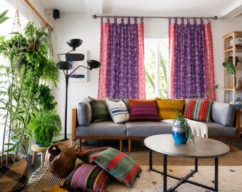 Block Printed Sari Curtains, Boho Window Treatment, LightFiltering Purple Berry 96"/108"L