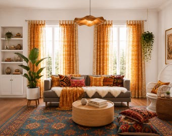 Mixing Curtain colors, Light-Filtering Sari Curtains 84"/96"L Boho sheer drapes Bed Canopy, Amber Gold Window Treatment Living/Bedroom