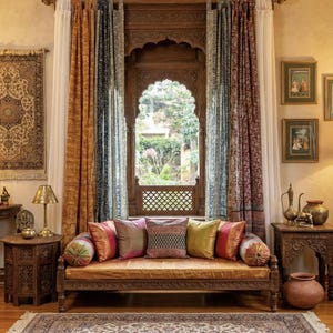 Puede incluir: Una escena interior con una ventana y un sofá de madera tallada, adornados con coloridos cojines y cortinas estampadas. Una alfombra detallada y mesas auxiliares con lámparas completan el espacio cálido. La habitación está decorada al estilo indio.