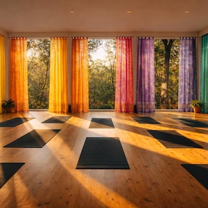 Puede incluir: Un estudio de yoga con luz natural que entra por grandes ventanales. Esterillas negras sobre un suelo de madera. Cortinas coloridas en tonos amarillo, naranja, rosa, morado, turquesa y azul adornan las ventanas. Plantas en macetas añaden verdor.
