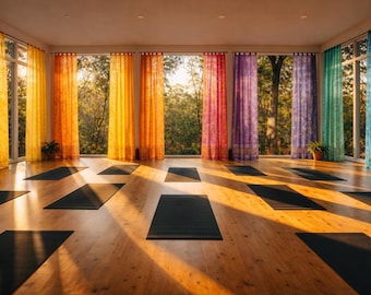 Colorful yoga studio with vibrant curtains, Light Filtering Panels, Sari Curtains, Sheer Boho Window Curtains, Chakra colors