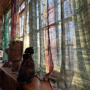 Peut inclure: Un chat noir est assis sur un rebord de fenêtre en bois, regardant par une fenêtre avec des rideaux en voile. Les rideaux sont à rayures et de couleur brun rougeâtre.