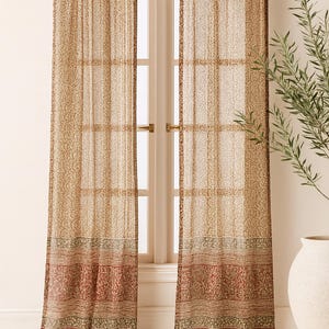 96" Block Print Rayon Curtains•Boho Tab Top Drapes with Border • Light Filtering Boho Style Curtain•Natural Cotton light Curtain - set of 2