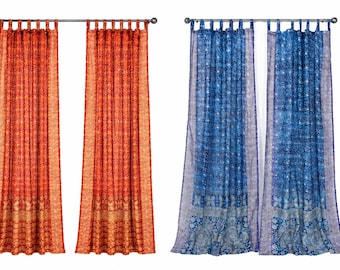 Mixing Indigo and Copper Sari Curtains Light-Filtering, Boho Window Treatment For Living room and Bedroom