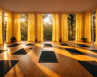 Golden light in serene yoga studio, Light Filtering Panels, Yellow  Sari Curtains, Meditation Room Drapes, Sheer Boho Window Curtains