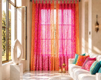 Boho Curtains Light-Filtering Sari Curtains 84"/96"L, Bed Canopy, Backdrop Fuschia Rust Window Treatment For Living/Bedroom Customizable