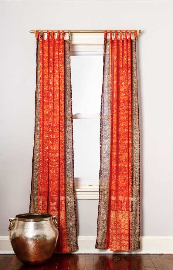 Orange Rust Brown Sari Curtain Boho Window Treatment Sheer Orange Rust Brown Sari Curtain Boho, Orange Sheer Curtains