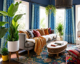 Block Print Sari Curtains, 84"/96"/108"L Boho Window Treatment- Turquoise Teal light filtering