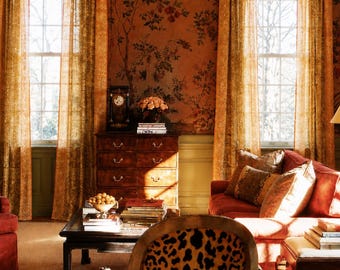 Boho Sari Curtains - Hemp and Rust Window Panels - Maximalism interior - Warm  Living Room Decor