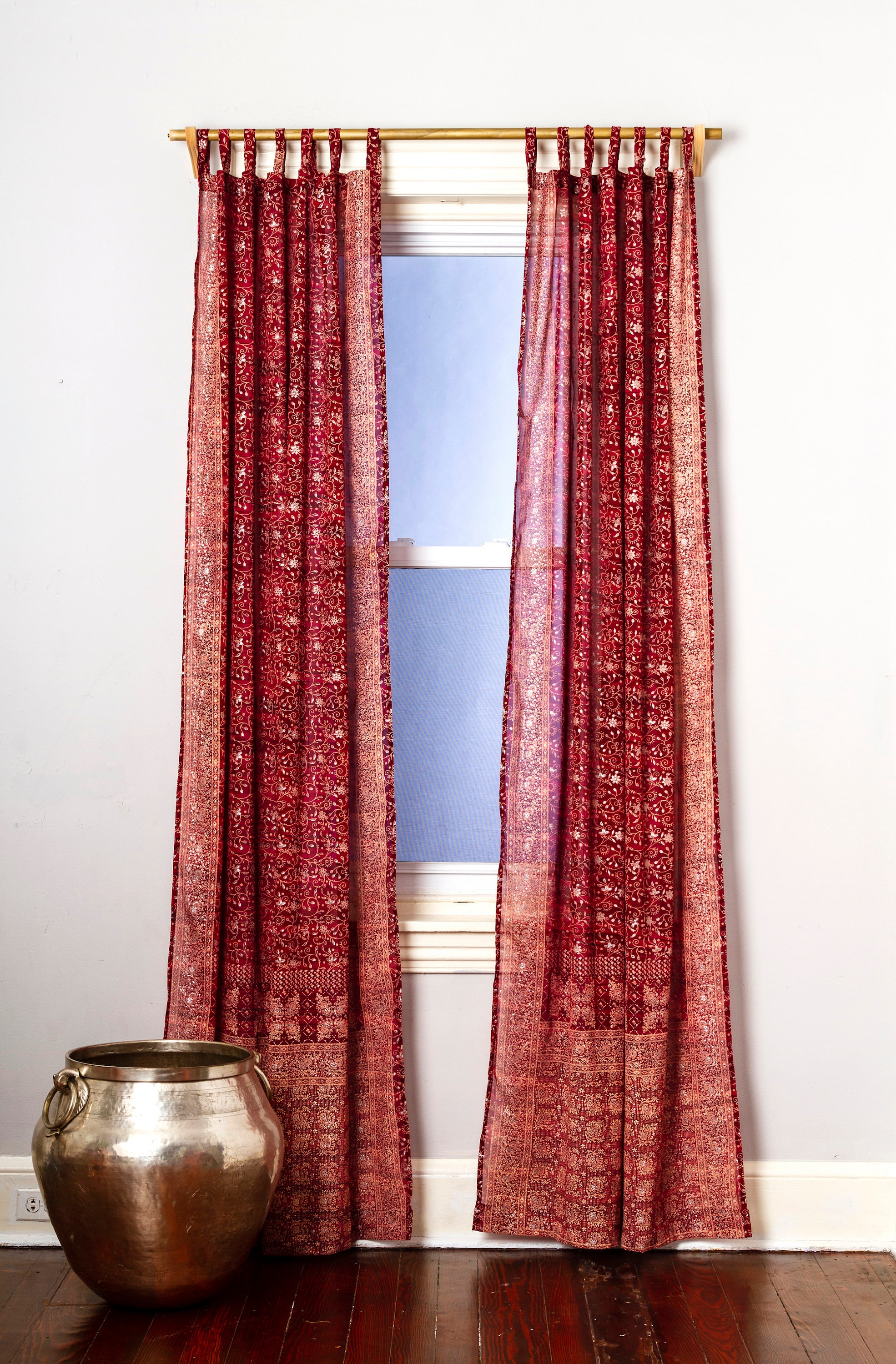 Maroon Red Sari Curtain Boho Window Treatment Sheer Drapes Bedroom ...