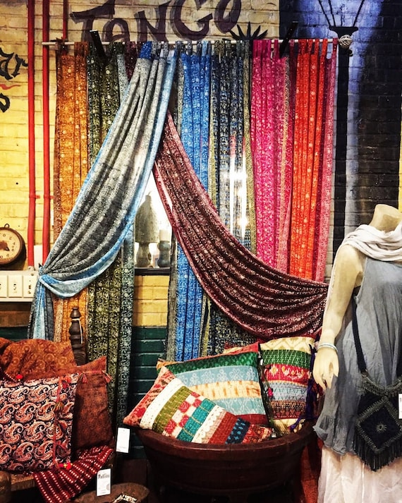 Tenda In Seta Sari Indiana YILLE – Bohémien Leggera Per Finestra, Turchese, 210x105 Cm