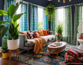 Mixing Pine Green and Teal Sari Curtains Light-Filtering, Boho Window Treatment For Living room and Bedroom