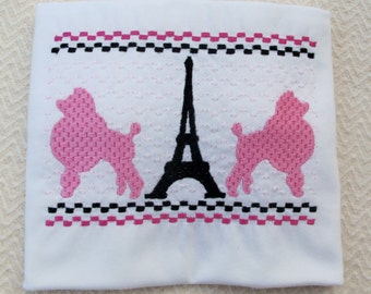 I Love Paris   Faux Smocked T-shirt with Pink Poodles and Eiffel Tower