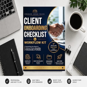 May include: A dark blue and gold checklist and workflow kit with the text "Client Onboarding Checklist & Workflow Kit". The kit promises to help onboard clients smoothly, professionally, and profitably. Includes a handshake graphic.