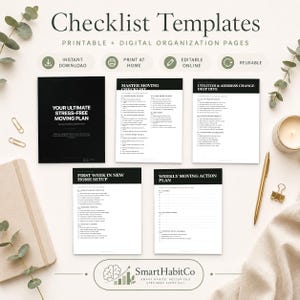 Può includere: Un set di cinque modelli di liste di controllo stampabili per traslochi, con pagine in bianco e nero intitolate Your Ultimate Stress-Free Moving Plan, Master Moving Checklist, Utilities & Address Change Deep Dive, First Week in New Home Setup e Weekly Moving Action Plan.