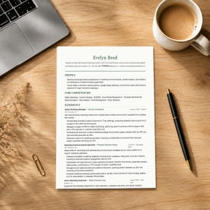 Può includere: Un curriculum vitae intitolato "Evelyn Reed" con sezioni profilo, competenze chiave ed esperienza. Un laptop, una tazza di caffè, una penna e una graffetta sono su una scrivania di legno. Il curriculum è stampato su carta bianca.