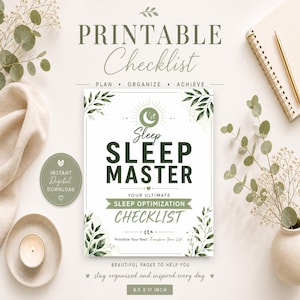 Könnte beinhalten: Eine druckbare Checkliste "Sleep Master" mit dem Text "Planen, Organisieren, Erreichen." Das Design zeigt grüne Akzente, botanische Illustrationen und die Worte "Sofortiger digitaler Download." Die Checkliste ist 21,6 x 27,9 cm groß.