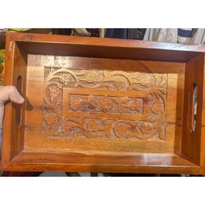 Wooden Ottoman Tray Hand Carved Intricate Floral Rectangular VTG Serving Tray