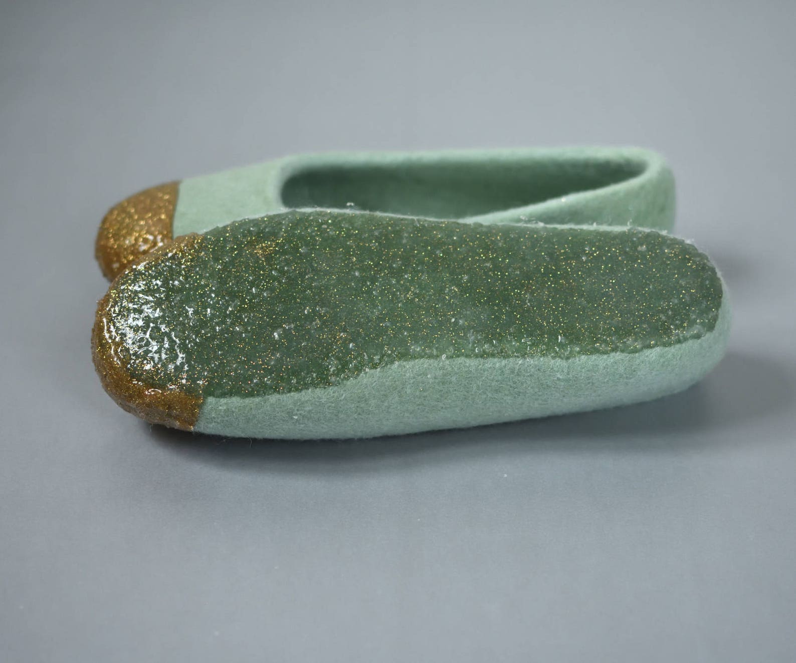 green felt slippers for women felted ballet flats - felted slippers with gold glitter decoration hand dyed sage green organic wo