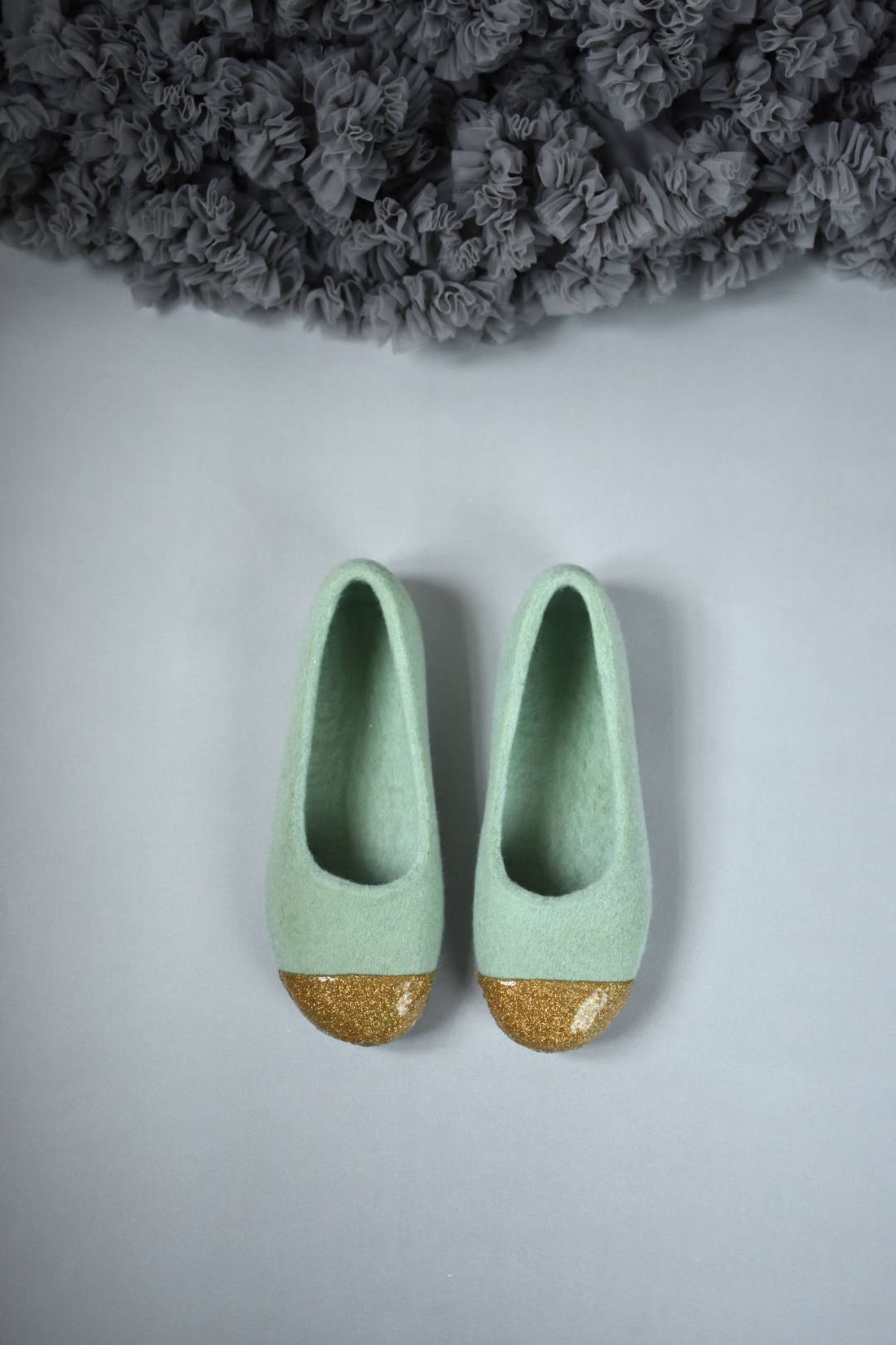 green felt slippers for women felted ballet flats - felted slippers with gold glitter decoration hand dyed sage green organic wo