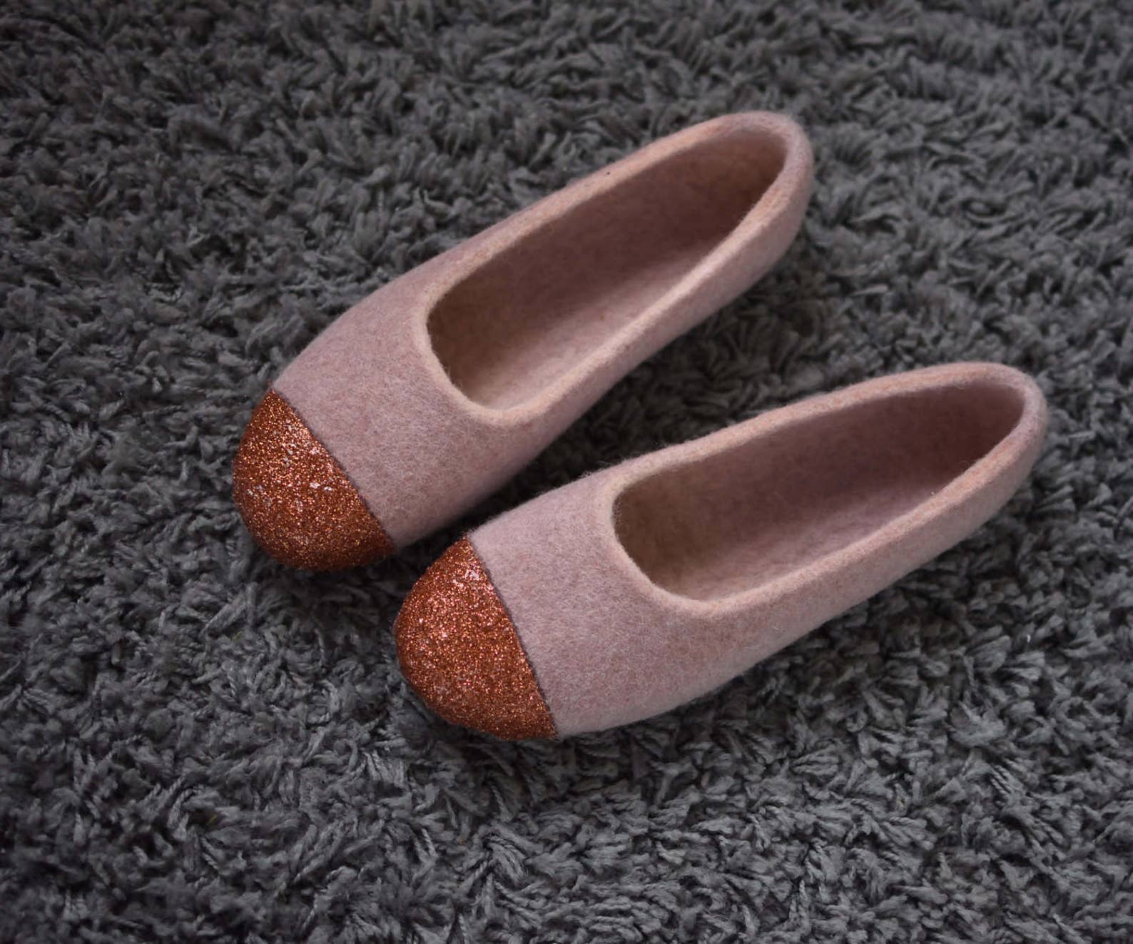 felted slippers with copper glitter wool home shoes dusty pink ballet flats with metallic copper glitter front housewarming gift felted slippers with copper glitter wool home shoes dusty pink ballet flats with metallic copper glitter front housewarming gift