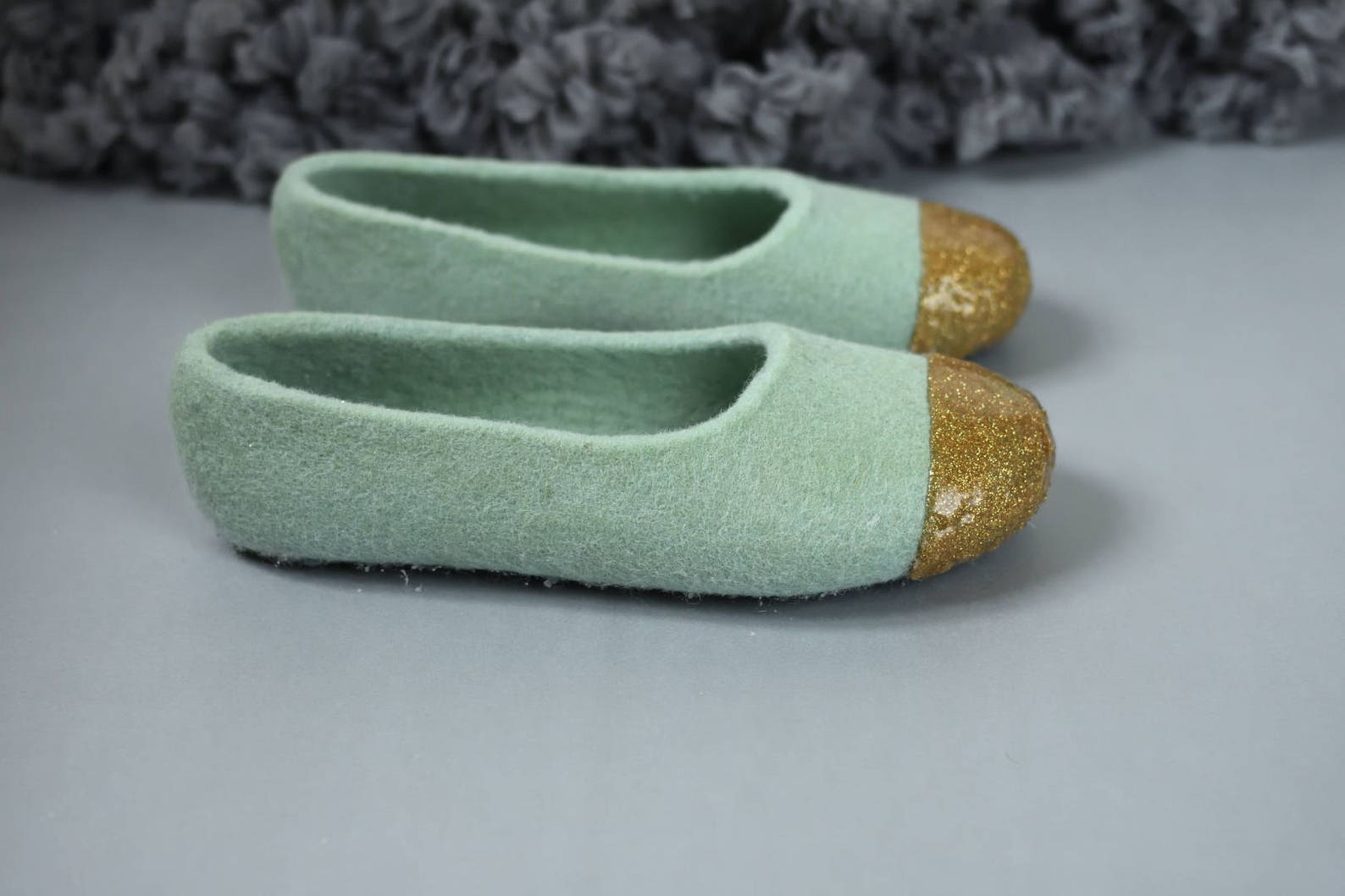 green felt slippers for women felted ballet flats - felted slippers with gold glitter decoration hand dyed sage green organic wo