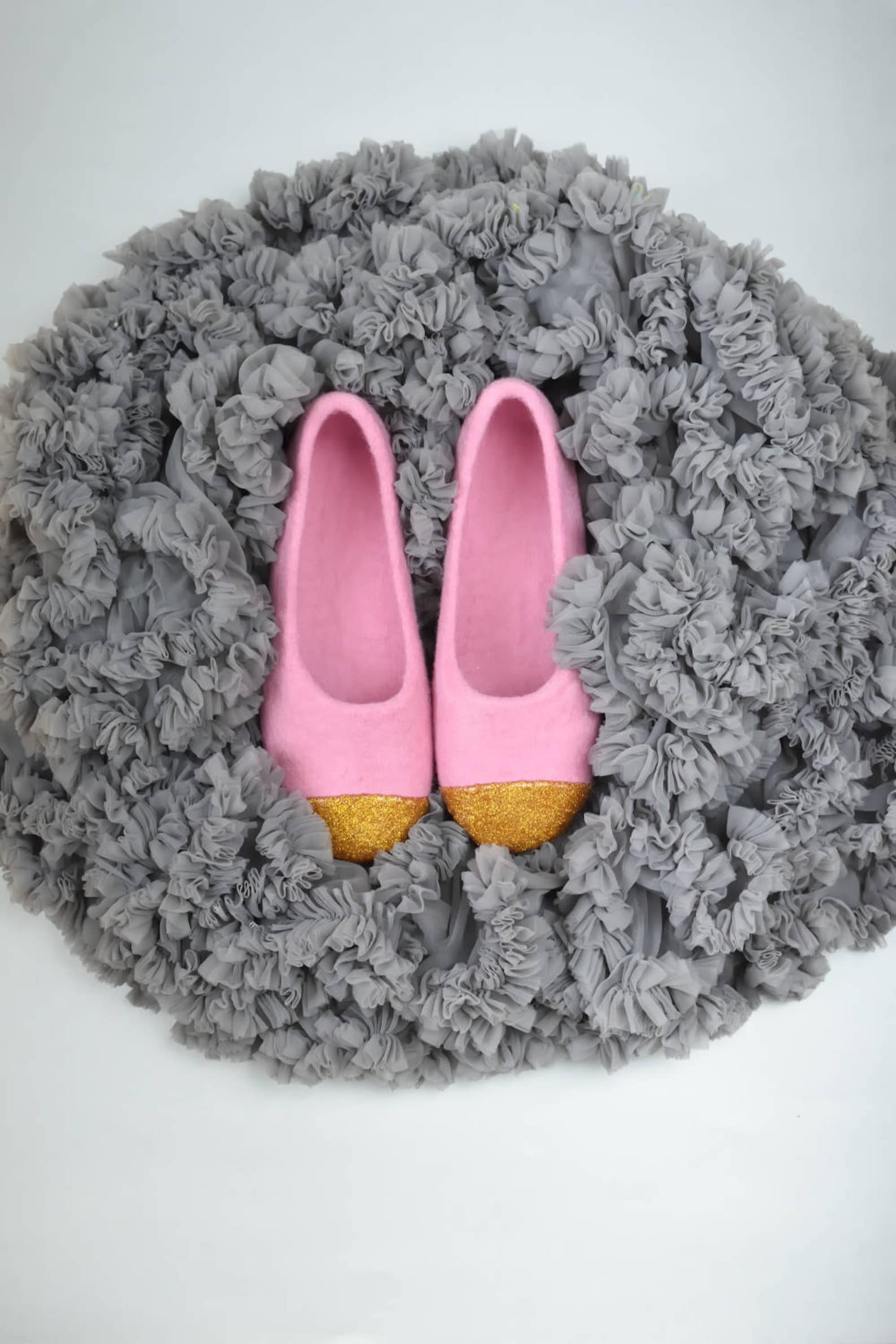 pink felt slippers for women felted ballet flats - felted slippers with gold glitter decoration hand dyed organic wool slippers