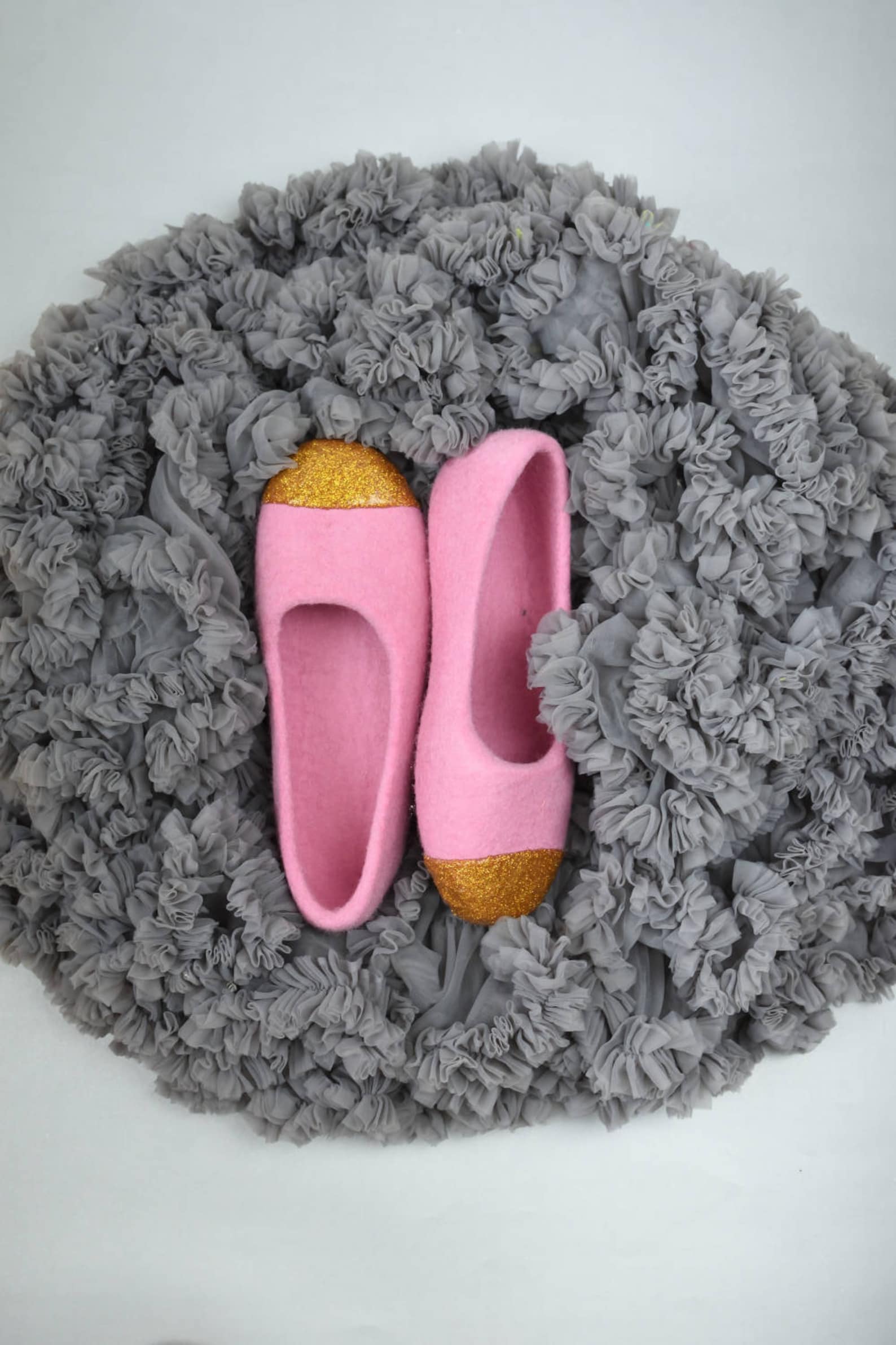 pink felt slippers for women felted ballet flats - felted slippers with gold glitter decoration hand dyed organic wool slippers