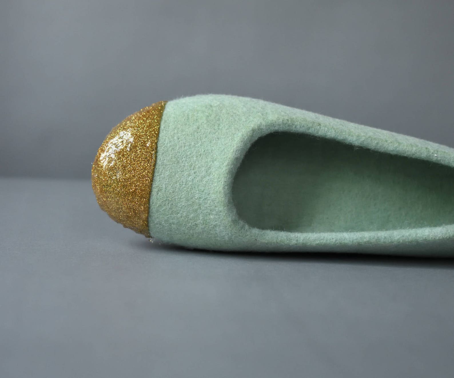 green felt slippers for women felted ballet flats - felted slippers with gold glitter decoration hand dyed sage green organic wo