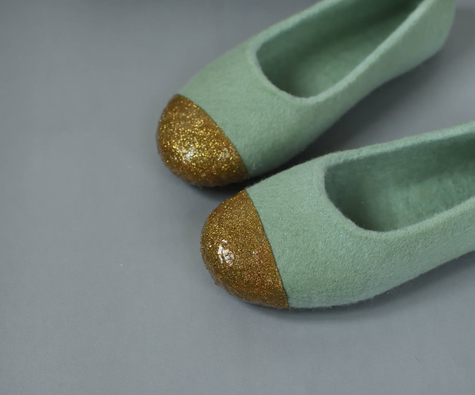 green felt slippers for women felted ballet flats - felted slippers with gold glitter decoration hand dyed sage green organic wo