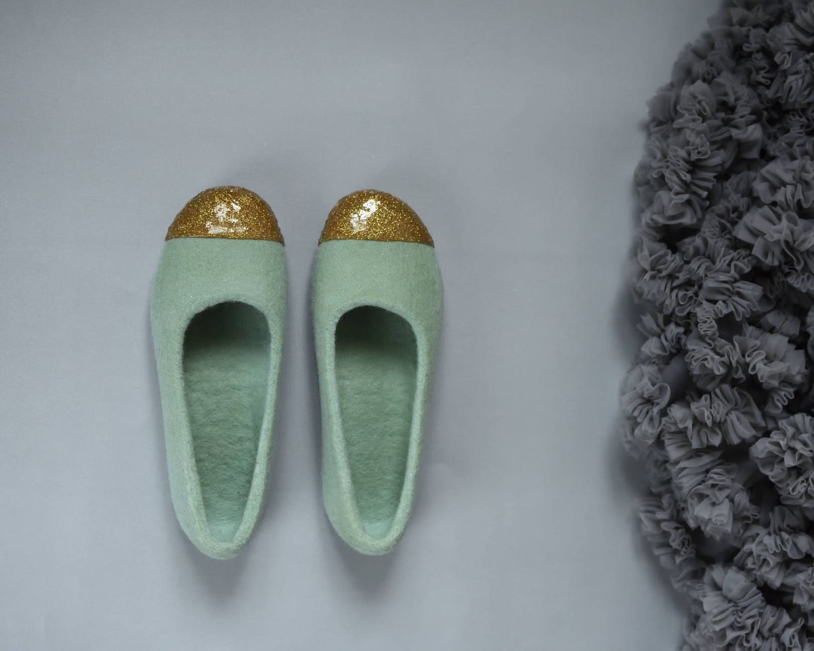 green felt slippers for women felted ballet flats - felted slippers with gold glitter decoration hand dyed sage green organic wo