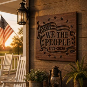 Puede incluir: Un letrero de madera con el texto "WE THE PEOPLE 1776-2026" tallado, junto con una bandera estadounidense y estrellas. El letrero está montado en una pared de madera. Una bandera estadounidense ondea al fondo.