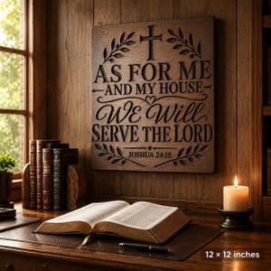 May include: A square dark brown wooden wall sign measuring 12 by 12 inches, featuring an engraved cross, leaf motifs, and the text: AS FOR ME AND MY HOUSE WE WILL SERVE THE LORD JOSHUA 24:15. The sign is mounted on a vertical wood paneled wall.