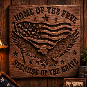 May include: A square wooden wall plaque featuring a deep-relief carving of an American flag and a bald eagle with wings spread. The text "HOME OF THE FREE" is carved at the top and "BECAUSE OF THE BRAVE" is carved at the bottom in block letters.