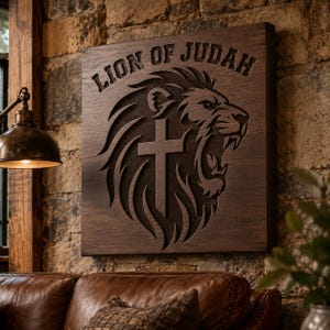 Op de afbeelding: Een vierkante donkerbruine houten wandplaat met een uitgesneden ontwerp van een brullende leeuw met een kruis geïntegreerd in de manen. De tekst LION OF JUDAH is in een boog boven de leeuwenkop uitgesneden, met een donkere houtafwerking.