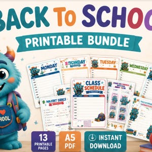 Könnte beinhalten: Ein Back to School Druckvorlagen-Paket mit einem blauen Monstermaskottchen mit orangefarbenen Haaren und einem I Love School Rucksack. Das Set enthält verschiedene A5 PDF-Seiten wie Stundenpläne und Tagesplaner mit bunten Monster-Illustrationen.