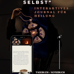 Könnte beinhalten: Ein interaktives Journal zur Heilung, mit dem Text "Kintsugi: Der Weg zu mir selbst." Das Bild zeigt einen Anhänger mit lila Steinen und ein Telefon, das Text und eine Tasse Kaffee anzeigt. Das Journal ist im PDF-Format erhältlich.