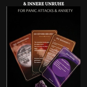 May include: A set of 24 cards titled NACHTBEGLEITER - 24 IMPULSKARTEN GEGEN GRÜBELN & INNERE UNRUHE FOR PANIC ATTACKS & ANXIETY. The cards feature text in German, including headings like DAS VERSPRECHEN, DIE HÜTERIN DER DECK, DIE WAHRHEIT, and DAS ORAKEL.