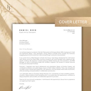 Peut inclure: Mod&egrave;le de lettre de motivation avec le texte "COVER LETTER" en haut &agrave; droite. La lettre est adress&eacute;e &agrave; un responsable du recrutement et sign&eacute;e par Daniel Reed, un concepteur exp&eacute;rientiel. La lettre met en &eacute;vidence l'exp&eacute;rience en design de vente au d&eacute;tail et en design spatial.