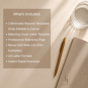 Peut inclure: Un ensemble de mod&egrave;les de CV minimalistes avec un stylo dor&eacute;, un verre et un carnet. Le texte indique "What's Included: 3 Minimalist Resume Templates, Matching Cover Letter Template, Professional Reference Page, Bonus Soft Skills List, US Letter Formats, Instant Digital Download."