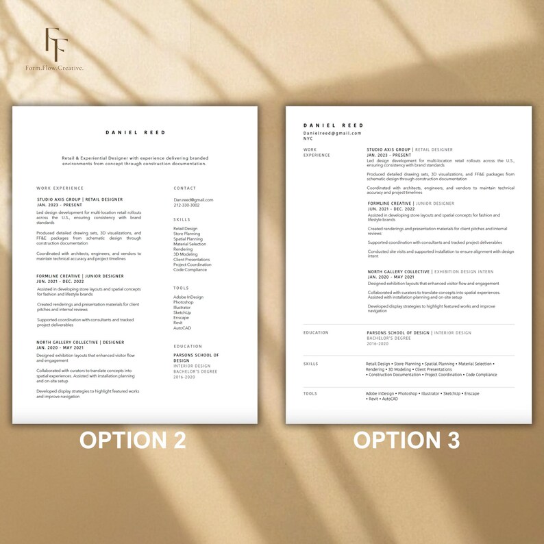 Peut inclure: Deux mod&egrave;les de CV, intitul&eacute;s "Option 2" et "Option 3", sont pr&eacute;sent&eacute;s sur un fond clair. Les CV pr&eacute;sentent le nom "Daniel Reed" et &eacute;num&egrave;rent l'exp&eacute;rience professionnelle, les coordonn&eacute;es, les comp&eacute;tences et l'&eacute;ducation. Le design est &eacute;pur&eacute; et professionnel.