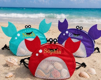Personalized Crab Beach Bag for Kids, Seashell Collection Toy Storage