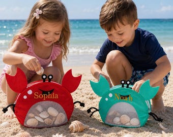 Crab shell bags just for kids, custom embroidered seashell collection bags, and summer beach gifts for boys and girls