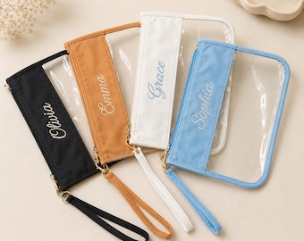 Personalized Clear Pouch, Custom Embroidered Name Wristlet Bag, Travel Organizer (Gift for Him)