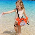 Personalized children’s crab beach bags, embroidered mesh seashell collection bags with names, and beach vacation gifts for boys and girls