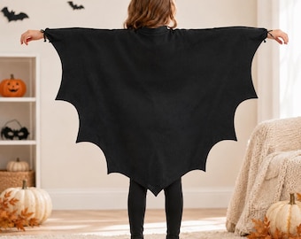 Personalized Kids Bat Cape, Custom Name Halloween Costume, Black Vampire Wings